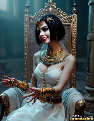 Seated on a gold throne, a vampire woman in a white dress bares her sharp fangs