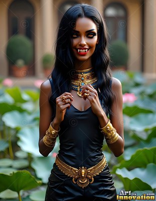 Smiling woman with vampire fangs wears a black dress and gold ornaments outdoors