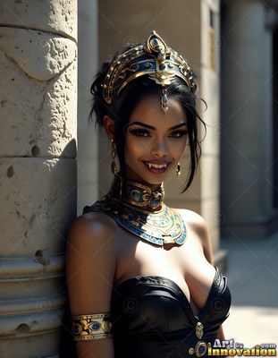 By stone pillars, a smiling fanged woman has on gold jewelry and shows fangs