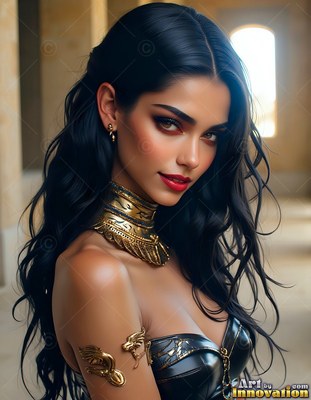 Looking forward, a dark-haired woman wears a wide gold collar and black top in a hall