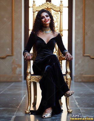 Woman in a black velvet dress sitting on a gold chair