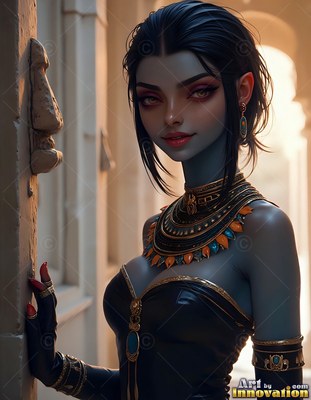 A golden collar rests on a blue-skinned woman standing by a sunlit stone doorway