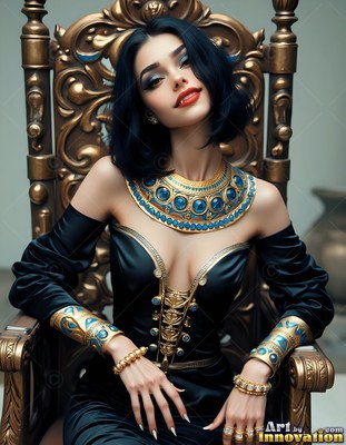 Seated on a bronze throne, a woman in a black gown tilts her head
