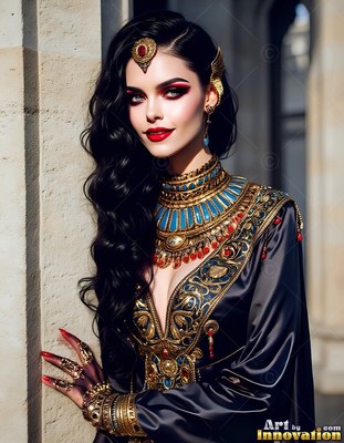 A dark-haired woman in a black gown leans on a stone wall wearing heavy gold jewelry