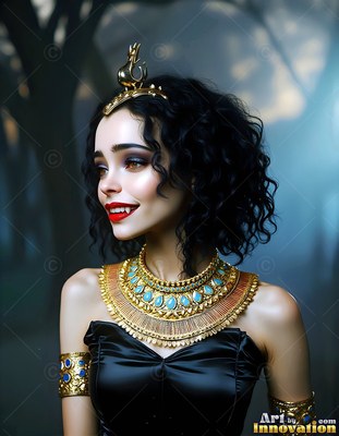 In a misty forest, a smiling fanged woman has on a wide golden collar