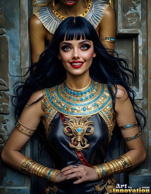 Smiling slightly, a dark-haired woman stands in gold and turquoise jewelry