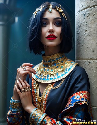 Woman with short black hair wearing gold Egyptian jewelry