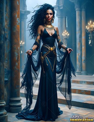 A wide golden collar rests on a smiling vampire woman in a black gown inside a stone hall with candles