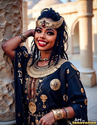 A fanged woman smiling poses by a pillar in golden jewelry under soft daylight