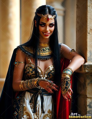 Leaning against a stone pillar, a vampire woman with a smile wears gold jewelry and a cape