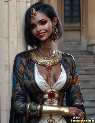 A dark-haired woman with vampire fangs smiles in gold jewelry by stone steps