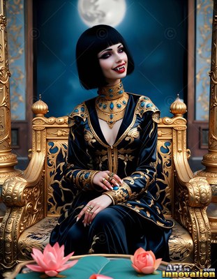 On a golden throne, a smiling vampire woman sits in black and gold robes
