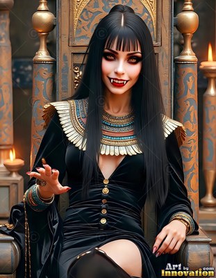 Sitting on a throne, a vampire woman smiling with fangs wears a black dress and gold collar
