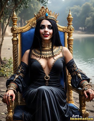 Wearing a wide golden collar by a calm lake, a smiling vampire woman sits on a throne