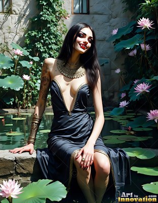 A fair-skinned woman smiles with vampire fangs by a pond of pink water lilies in bright daylight