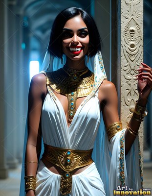 Facing forward in a stone hallway, a smiling vampire woman wears gold ornaments and white