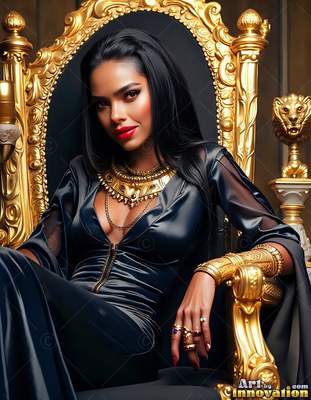A woman in a black dress sits on a carved gold throne wearing wide gold jewelry