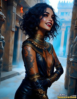 In stone ruins, a smiling fanged woman wears gold jewelry and dark leather
