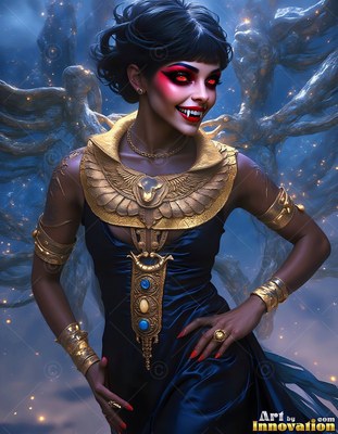 Smiling with sharp fangs, a vampire woman dressed in a dark blue dress and broad gold collar necklace