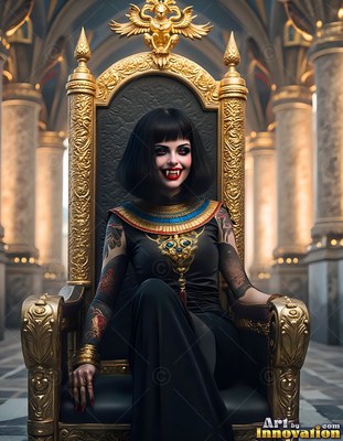 A pale vampire woman with fangs sits on a gold throne