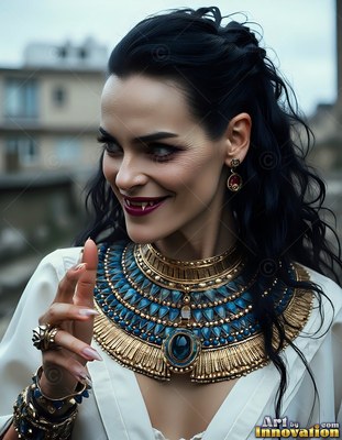 A fair-skinned woman smiles with sharp fangs while wearing blue and golden collar jewelry under soft gray daylight