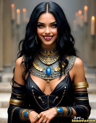 Facing forward in a candlelit hall, a smiling vampire woman has on gold collar jewelry