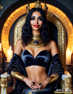 Smiling vampire woman in black velvet sitting on a gold throne near candles