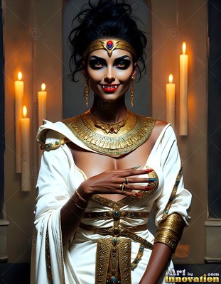 In a stone hall lit by candles, a vampire woman smiling wears a white dress and golden jewelry