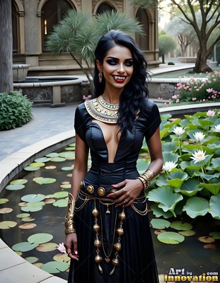 A vampire woman with fangs smiles by a pond in a black dress