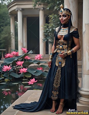 Wearing a gold crown and dark gown, a woman with pale skin stands by a lotus pond outside a stone temple