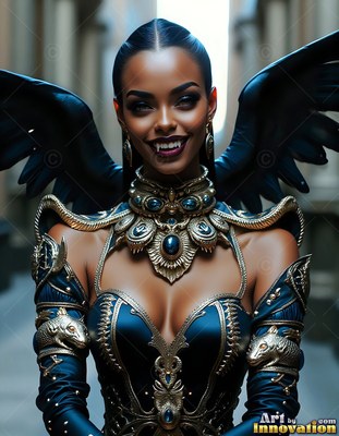 A winged woman smiles with fangs showing under dim light between stone pillars