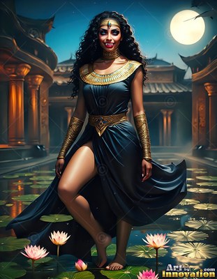 Standing bare-legged in a pond, a fanged woman wears dark blue under the moon