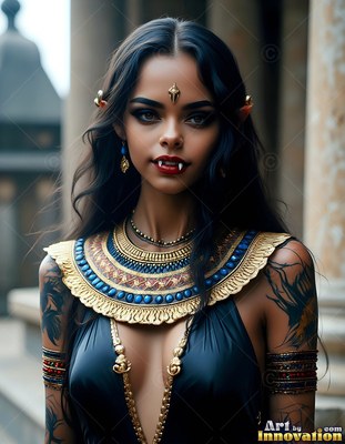 A vampire woman with pointed ears and fangs wears a wide gold collar outside