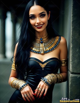 In a stone doorway, a fanged woman smiling poses in gold jewelry and a black dress