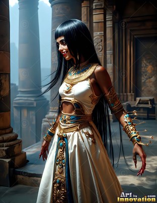 Smiling with fangs, a fair-skinned woman in a white dress stands between stone pillars