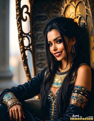 Smiling dark-haired woman in gold jewelry sitting in a high-backed chair