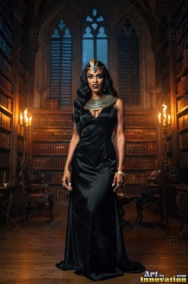 A wide gold collar necklace rests on a fanged woman in a black gown inside a candlelit library