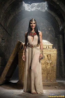 A woman stands before a gold coffin as cool light falls from an opening above
