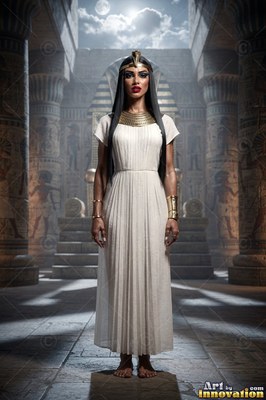 Standing straight in a stone temple, a woman is wearing a pleated white gown and gold collar