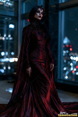 A woman in a long red satin gown stands beside dark high-rise windows at night