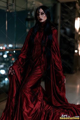 Standing near night city lights, a woman with dark hair gathers her long red satin dress