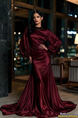 A woman poses in a dark red satin gown with puffed sleeves