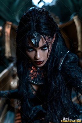 A cobra headpiece sits on a dark-haired woman leaning forward from a stone throne