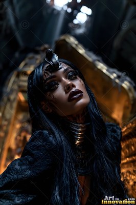 A woman in black looks upward as faint white light falls from above