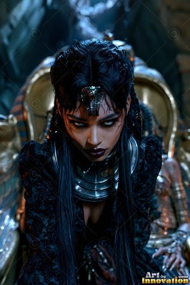 Leaning forward on a golden throne, a dark-haired woman glares ahead