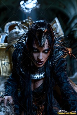 A woman with dark hair crawls forward wearing a black snake headdress