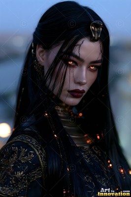 At twilight outdoors, a woman with dark hair wears a cobra headpiece and wide gold collar