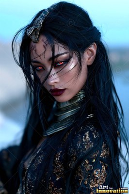 Staring ahead, a black-haired woman with red eyes wears a gold snake headpiece and black lace