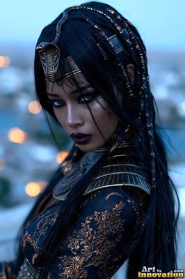 Woman wearing a gold cobra crown in dark evening light