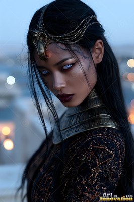A snake headpiece crowns a pale-eyed woman standing outside at dusk